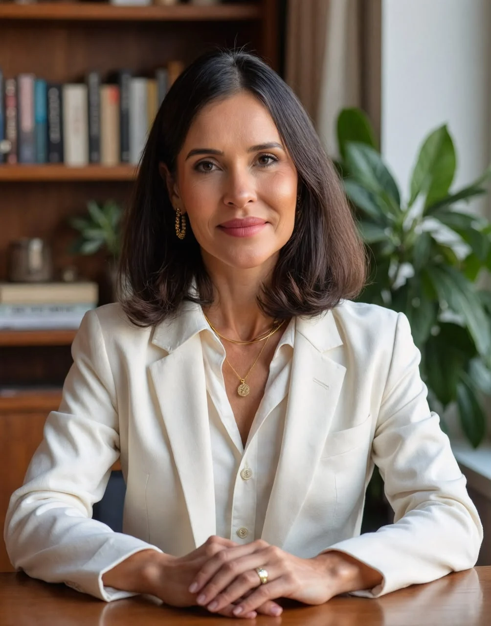 Mosie Schulz sorrindo, sentada à mesa com blazer claro