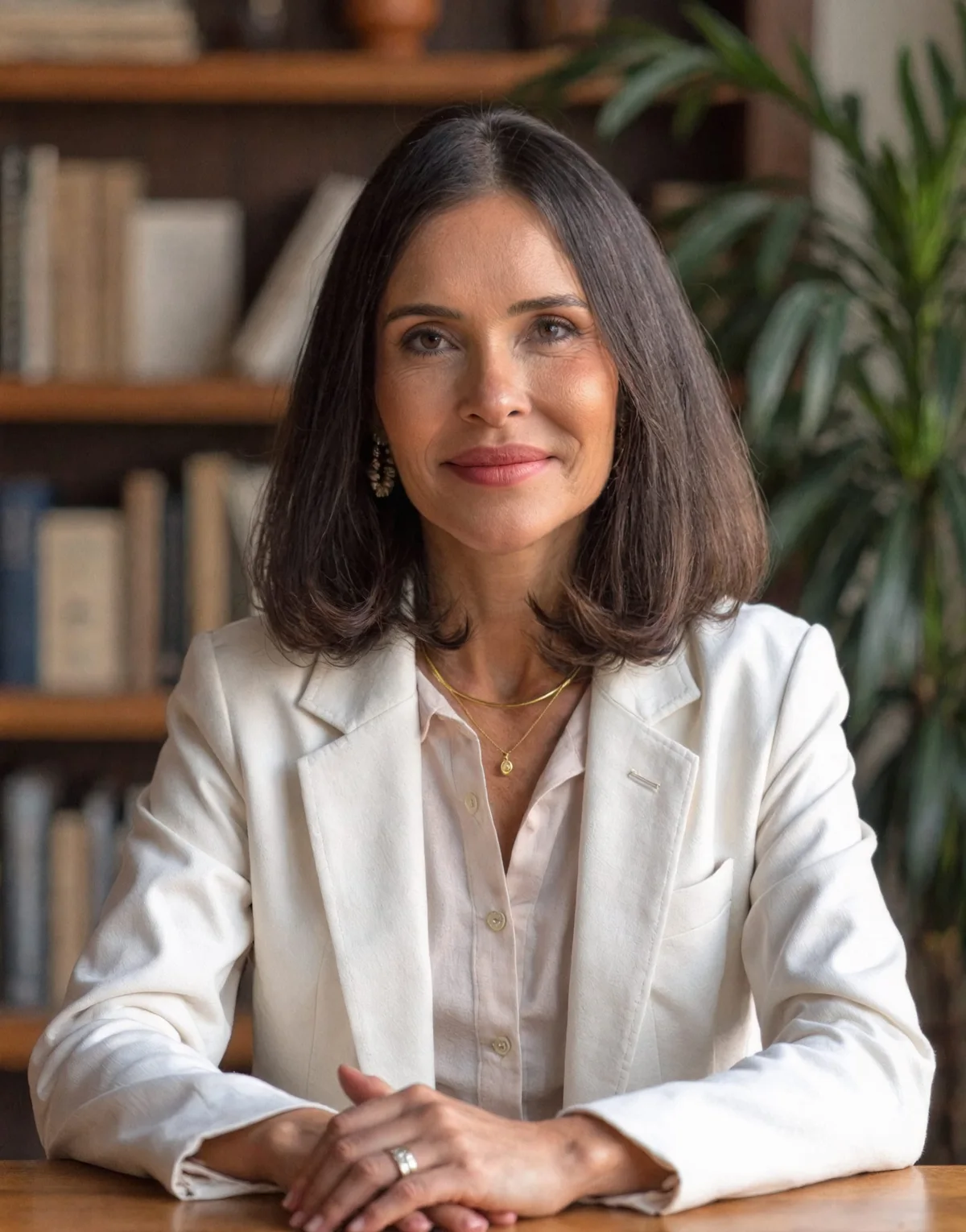 Mosie Schulz sentada à mesa, com estante de livros ao fundo